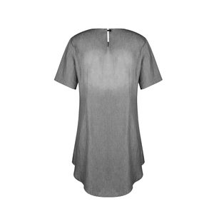 Detail view of the back button closure and curved hem on this grey casual denim dress