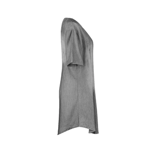 Detail view of grey loose-fit denim dress with irregular curved hem and short sleeves