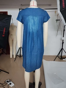 Detail view showing the back pleat design of this casual blue denim short sleeve dress