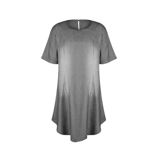 Detail of grey short sleeve denim dress showing fabric texture and back neck slit design