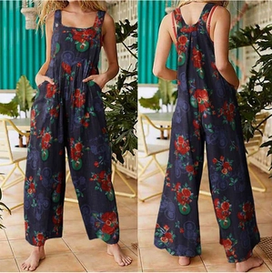 Bohemian loose wide-leg overalls with vintage rose floral print and side pockets