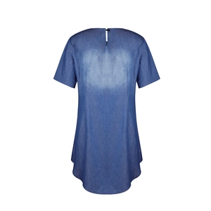 Detail of blue denim dress back featuring a teardrop cutout and button closure design