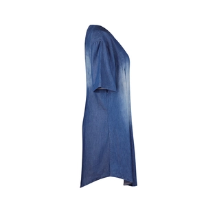 Detail of loose fit dark blue denim dress featuring short sleeves and side slit hem