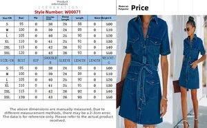 Detailed size chart for women casual lapel denim dress ranging from size S to 3XL