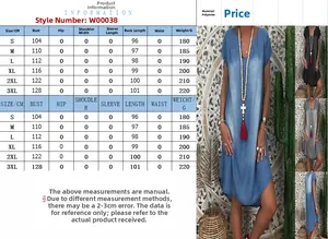 Size guide for women solid color loose denim look dress showing S-3XL measurements