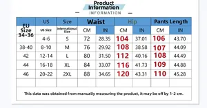 Detailed size chart for women ripped jeans showing waist and length in EU and US measurements