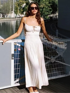 Women Sexy Backless Camisole Dress French Vacation Smocked High Waist Slim A-Line Mid-Long Summer Floral Print Dress