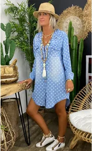 Detailed view of blue star print shirt dress with button closure and decorative pockets