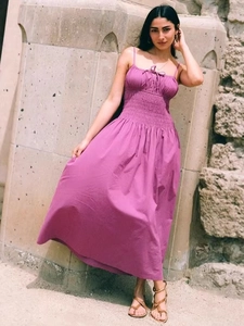 Elegant rose purple backless sun dress with smocked waist and a-line maxi silhouette