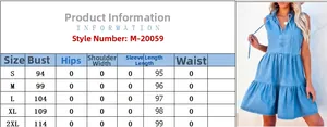 Size chart for women's V-neck denim tiered dress showing bust and length measurements
