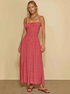 Elegant red floral backless sundress with smocked waist and delicate thin straps