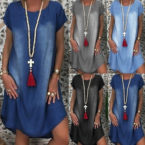 Women Loose Short Sleeve Denim Style Dress Casual Solid Color Round Neck Irregular Hem Bohemian Summer Midi Dress