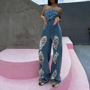 Damen Sexy Trägerlos Denim Jumpsuit Distressed Weites Bein Streetwear Washed Blau Einteiler Outfits Jumpsuits