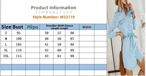 Size guide table for casual long sleeve denim dress with waist tie and pockets
