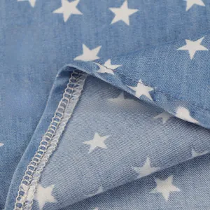 Detail of navy blue star print fabric showing high-quality stitching and seam texture