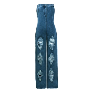 Sexy trägerloser Denim-Jumpsuit mit Destroyed-Effekten und weitem Bein in Marineblau
