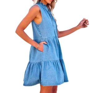Women's light blue tiered denim dress with V-neck and sleeveless ruffled collar