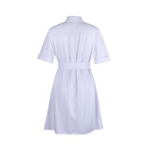 Rear view of white short-sleeved shirt dress featuring a lapel collar and waist tie belt