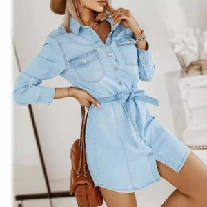 Women Casual Light Blue Long Sleeve Denim Shirt Dress Lapel Neck Single Breasted Button Down Mini Dress With Waist Tie