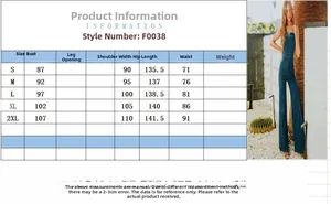 Detailed size chart for the solid color denim strapless jumpsuit from S to 2XL sizes