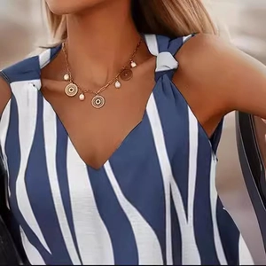 Sleeveless V-neck top with blue and white abstract stripes and decorative shoulder ties
