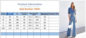 Size chart for women's denim jumpsuit with measurements in CM for S to 2XL sizes