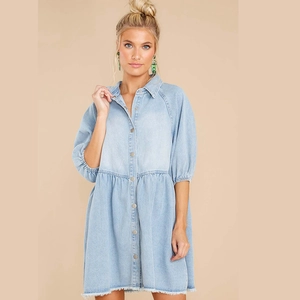 Damen Hellblau Denim Mini Kleid Kurz Puffärmel Hemdkleid Einreihig Hohe Taille Babydoll Kleid Mit Offenem Saum