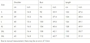 Detailed size chart for long sleeve deep V-neck dress including S to 3XL measurements