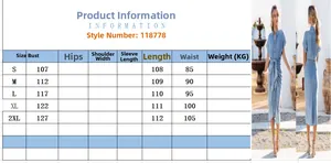 Size chart for light blue denim dress showing bust waist and length for S-2XL sizes