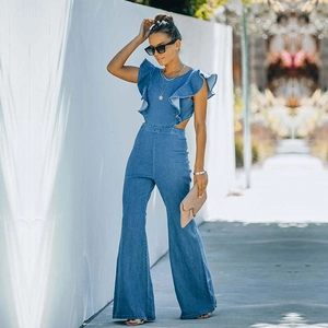 Women Fashion Ruffle Sleeve Hollow Out Jumpsuit High Waist Flared Leg Solid Blue One Piece Slim Fit Long Pant Jumpsuit