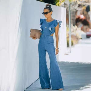 Slim fit denim blue jumpsuit featuring ruffled sleeves and high waist flare leg pants