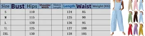 Detailed size chart for women wide leg jumpsuit showing hip, length and waist measurements