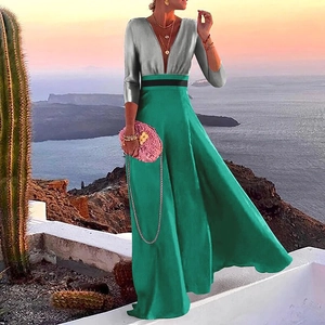 Elegant deep V-neck long sleeve dress in silver and green satin for party and vacation