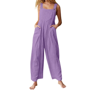 Detail of purple wide-leg jumpsuit showing button straps and large front pocket