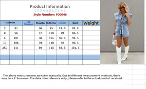 Size chart for denim jumpsuit rompers showing measurements for chest, waist, and hips