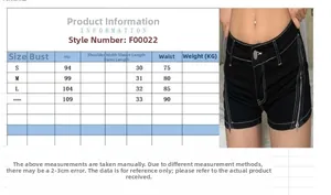 Size chart for women's denim shorts showing waist, hip, and length measurements
