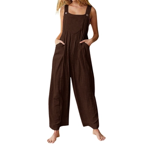 Deep brown wide-leg jumpsuit for women featuring square neck and large side pockets
