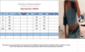 Size chart for denim tube top showing bust, length, and waist dimensions in centimeters