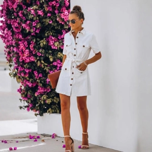 White short sleeve button-down mini dress with collar and belt in casual utility style