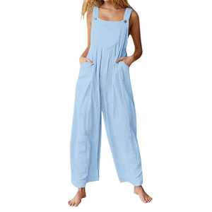 Women's light blue wide-leg linen romper with wide straps and functional front pockets