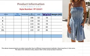 Detailed size chart for women's denim romper with solid color waist drawstring and straps