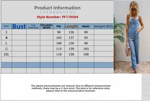 Detailed size chart for women denim overalls including waist and hip measurements