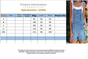 Size chart for women's denim overalls shorts including hip and waist measurements