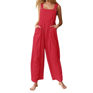 Women's summer red sleeveless wide-leg cotton linen jumpsuit with deep pockets