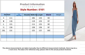 Size chart showing measurements for loose high waist sleeveless wide-leg jumpsuit