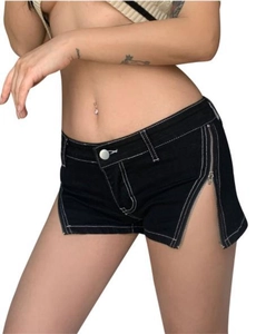 Detail of black denim shorts with white contrast stitching and side metal zipper design