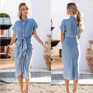 Short sleeve denim midi dress with lapel collar and waist tie in light blue