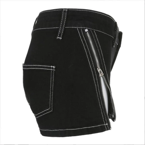Black denim shorts for women with contrast white stitching and side zipper detail