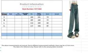 Tableau des tailles pour jean large femme avec mesures détaillées en centimètres