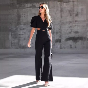 Women black wide-leg jumpsuit with puff sleeves, V-neck, and stylish side waist cutouts